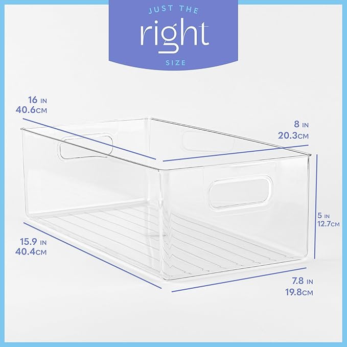 Plastic Food Storage Clear Container Bin with Handles for Organizing Kitchen, Pantry, Refrigerator, Freezer, Pantry, Cabinet, Closet, Bathroom. 16”x8”x5”