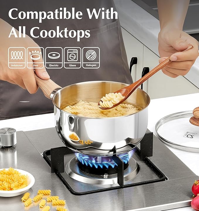 KOCH SYSTEME CS 2 Quart Sauce Pan with Lid, Stainless Steel Saucepan with Heat-resistant Bakelite Handle, Saucepan with Lid, Pot 2QT, Stainless Steel Sauce Pan, Induction Compatible