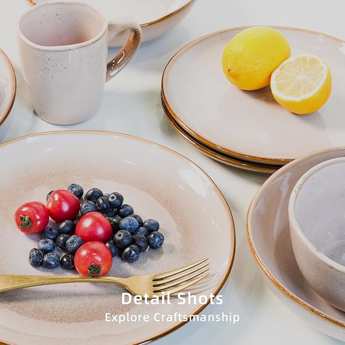 Highland 16pc Dinnerware Set, Unique Organic Shape Double Bowl， Stoneware Plate & Bowl Dish Set Service For 4, Scratch Resistant, Microwave & Dishwasher Safe, Natural Reactive Glaze, Pink