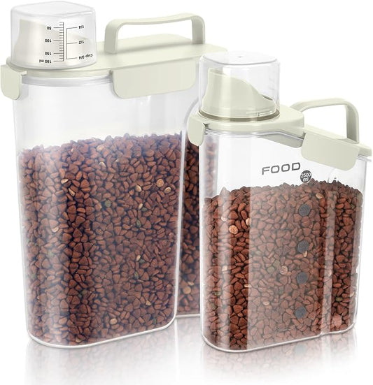 Dog Food Storage Container, Upgraded Large Nozzle BPA-free, 3-5 LBS Plastic Pet Food Storage Containers, With 4 Sealed Clasps, 1 Measuring Cup and Handle (Beige-A)