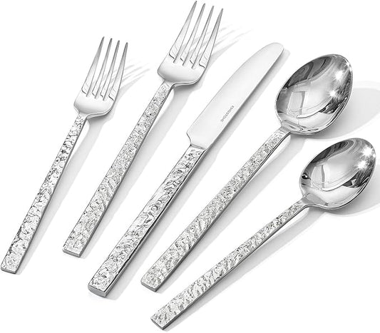 KINGSTONE 40 Pcs Hammered Silverware Set for 8, 18/10 Stainless Steel Heavy Duty Flatware Set, Tableware Cutlery Utensil Sets for Home Restaurant Dishwasher Safe