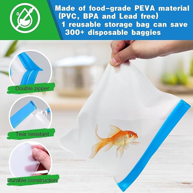 10 Pack reusable bags, Leakproof Reusable Freezer Bags, BPA Free silicone food storage bags for Lunch Marinate Food Travel - 3 Gallon 3 Snack 4 Sandwich Bags.