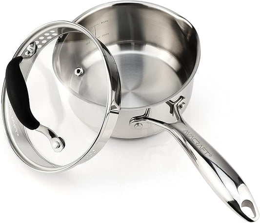 AVACRAFT Multipurpose Sauce Pan/Pot, Stainless Steel with Glass Strainer Lid, Two Side Spouts for Easy Pour with Ergonomic Handle (5-Ply Capsule Bottom, 1.5 Quart)