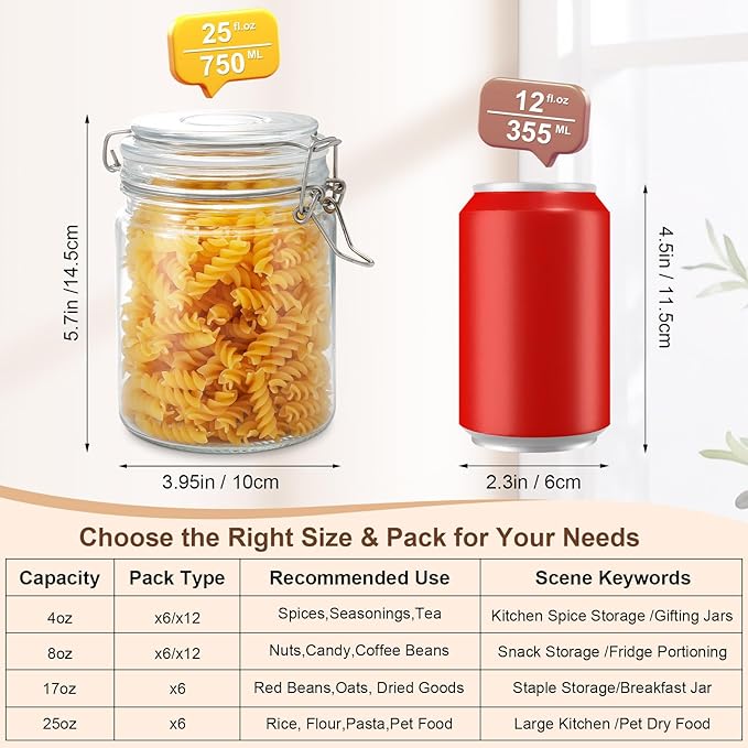 25oz Airtight Glass Jars with Lids, Set of 6 Food Storage Containers & Canisters, Clear Mason Jars with Clamp Seal for Canning, Cereal, Coffee, Pasta, Sugar, Beans & Spices