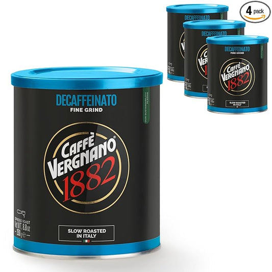 Caffè Vergnano Decaf Italian Ground Coffee, 4 Pack – 100% Arabica for Moka, Intensity Level 6 – Rich, Full Flavor Without Caffeine, Notes of Dried Fruit, Cocoa & Caramel - 8.82 oz Tins