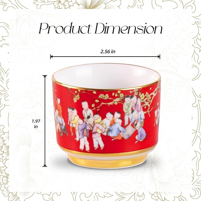 KAMMAK Tea Cups Set of 2, 3.53 Mini Ceramic & Porcelain Tea Mugs - Handleless Vintage, Non-Toxic Handcrafted Cups for Juice, Coffee, Gift(Red+Blue)