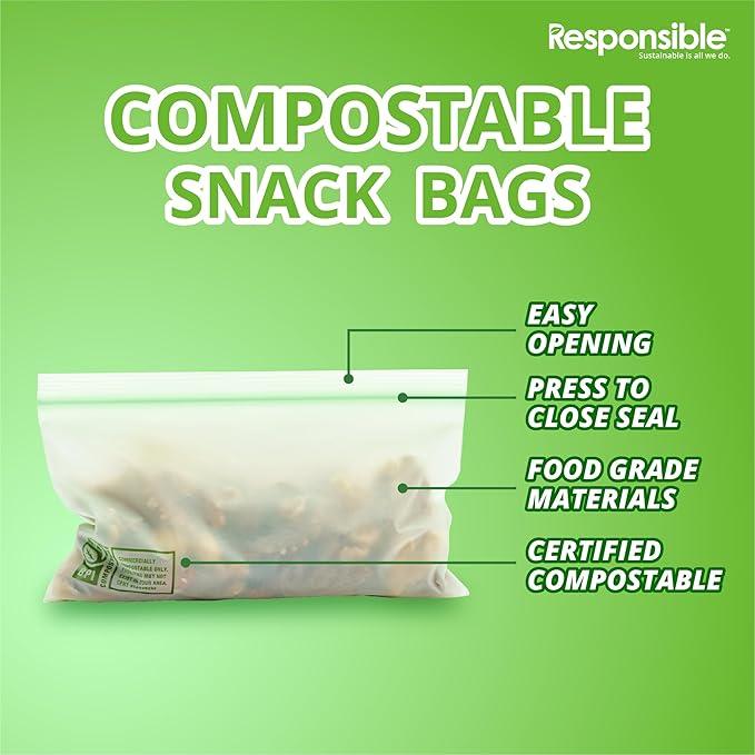 Certified Compostable SNACK Resealable Zip Bag, Extra Strength Food Bags, Plant-Based Freezer-Safe (40 Pack)