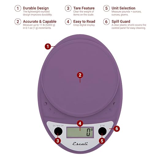 Escali Primo Digital Food Scale Multi-Functional Kitchen Scale and Baking Scale for Precise Weight Measuring and Portion Control, 8.5 x 6 x 1.5 inches, Lavender