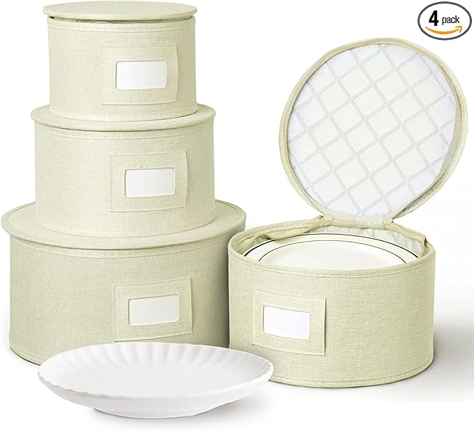 storageLAB China Storage Containers, Hard Shell Case with Felt Dividers for Charger Plates, and Dishes, Ideal for Kitchen Organization, Moving Supplies, and Fine China Storage - 4-Piece Set, Cream