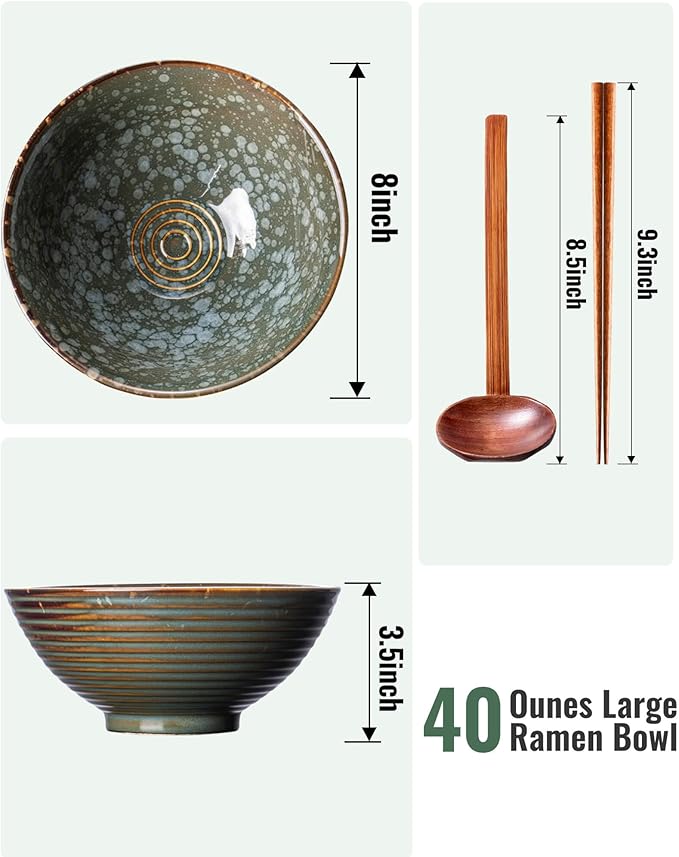 8 Inch 40oz Large Japanese Ramen Bowl Set of 2,Material Safety Ceramic Ramen Bowls with Matching Chopsticks and Spoons, Pho Bowls Ramen Noodle Bowl for Asian Udon Soup Salad Cereal(Green)