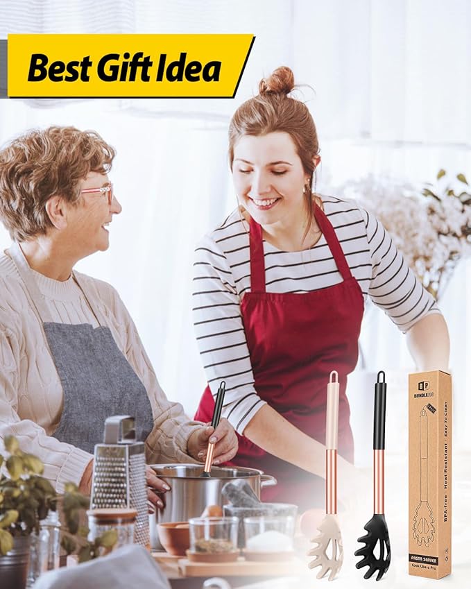 Pack of 2 Silicone Pasta Fork, Kitchen Heat Resistant Noodle Spoon Server, BPA Free Spaghetti Strainer, Best Cooking Tools (ROSE GOLD BLACK-KHAKI)