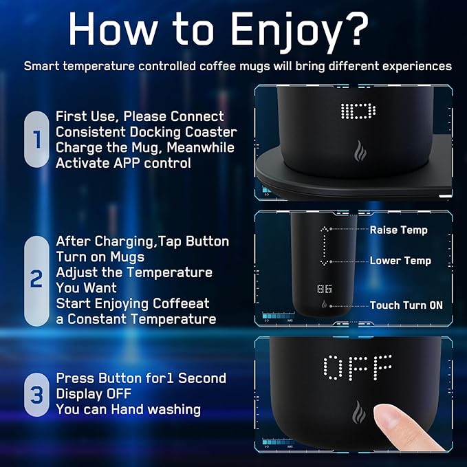 Temperature Control Heated Coffee Mug Smart Self Heating Travel Mug 12 Oz App Controlled Warmer Mug 4-10 Hour LED Display Keep Coffee Hot All Day Fast Wireless Charger Base Iron Black