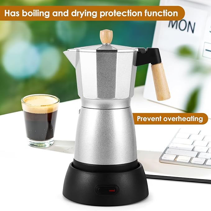 AOZBZ Moka Pot Electric Espresso Coffe Maker, 300ml 6 Cups Portable Coffee Pot with Overheat Protection and Detachable Base, Electric Espresso Maker, 450W, Silver
