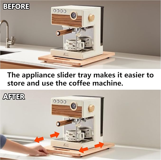 Appliance Slider Tray for Coffee Maker Kitchen Rolling Tray for Countertop Wood Coffee Slider Tray with Rubber Wheels Organization Accessories
