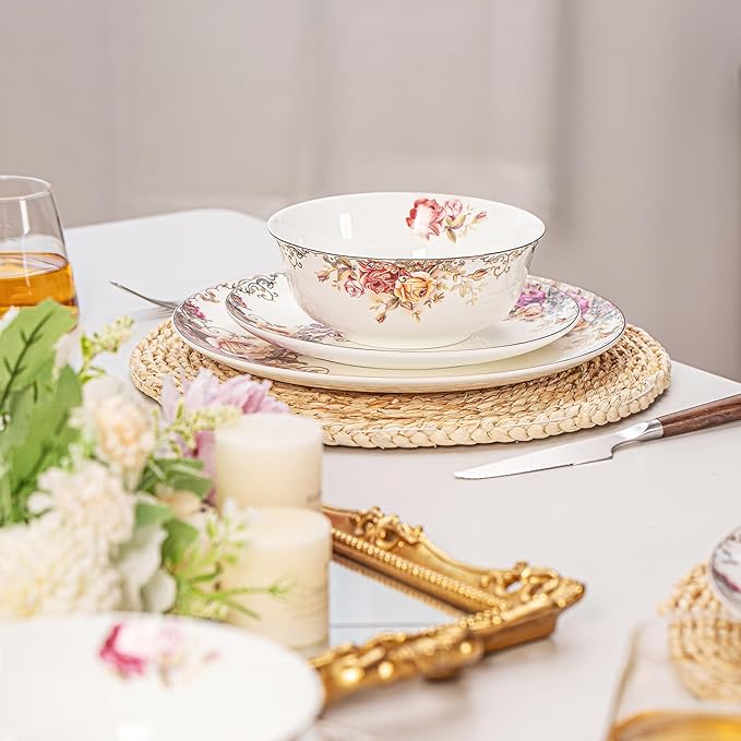 Bone China Plates and Bowels,12-Pieces Dinnerware Sets, Highly Chip and Crack Resistant, Dishwasher & Microwave Safe Dishes Set, Dense and Translucence