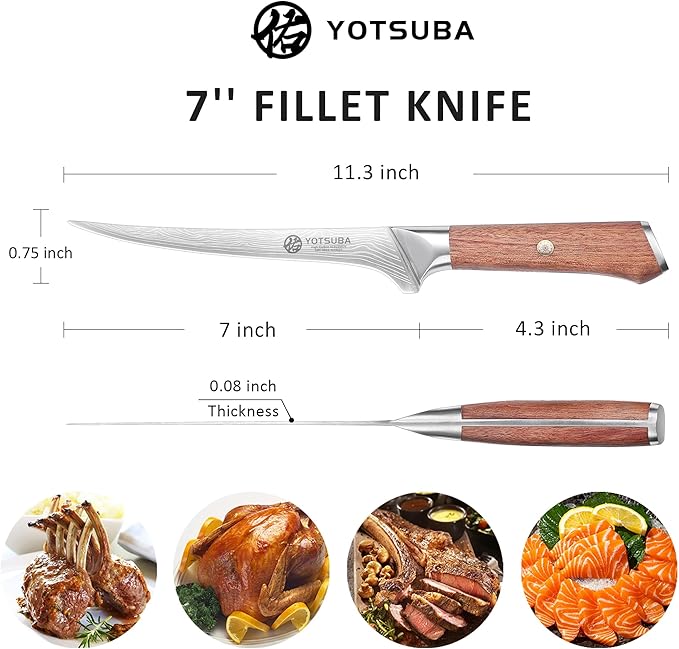 YOTSUBA Fillet Knife, 7 Inch Fish Knives for Filleting, Razor Sharp High Carbon Steel Boning Knife with Ergonomic Rosewood Handle, Professional Fish Knives for Meat with Gift Box