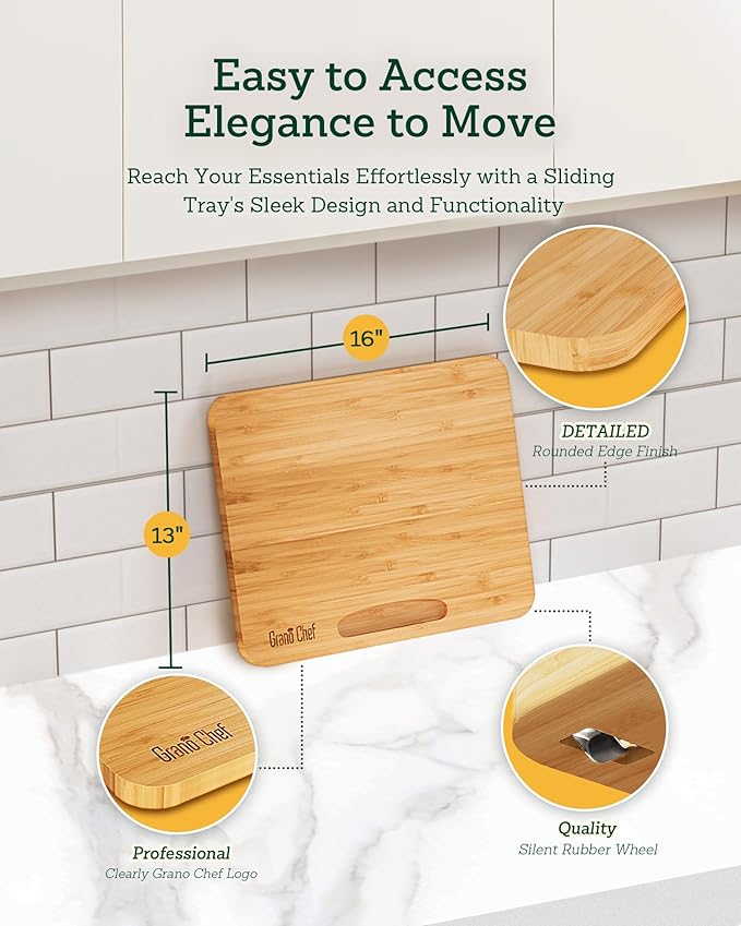 Bamboo Appliance Slider, Sliding Tray for Coffee Maker, Kitchen Countertop Appliance Rolling Tray, Coffee Pot Slider Tray with Rubber Wheels, Wide - Large (16"D x 13"W)