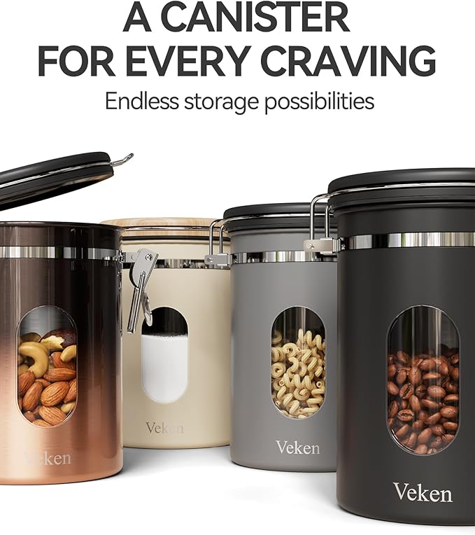 Veken Coffee Canister with Window,Airtight Stainless Steel Kitchen Food Storage Container, Date Tracker & Scoop for Grounds Coffee, Beans, Tea,Flour,Cereal,Sugar,22OZ,Copper