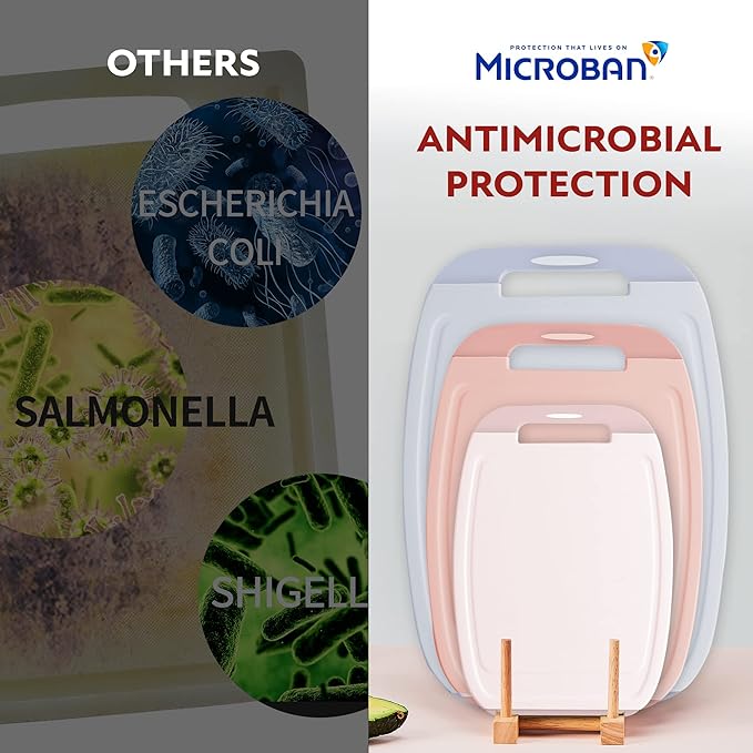 Neoflam Microban Protection Cutting Board 3 Piece Set, Stain & Odor/BPA Free, Reversable Board, Upgraded Larger Juice Groove, Non-Slip EZ Grip Handle, Dishwasher Safe, Pastel