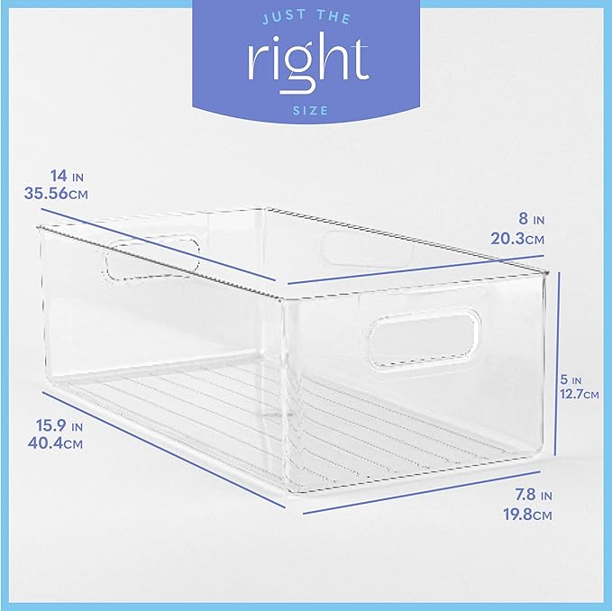 Plastic Food Storage 4 Pack Clear Container Bin with Handles for Organizing Kitchen, Pantry, Refrigerator, Freezer, Pantry, Cabinet, Closet, Bathroom. 14”x8”x5”