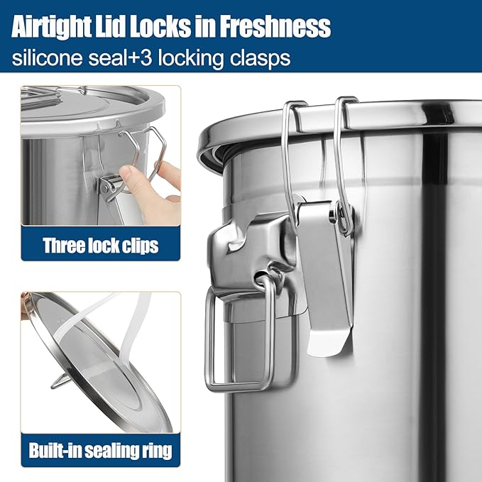 304 Stainless Steel Airtight Canister, 3.17Gal/405oz Airtight Food Storage Container with Lid and Lock Clips, Large Metal Pantry Storage Canister for Coffee Beans, Flour, Tea, Sugar, Cereals