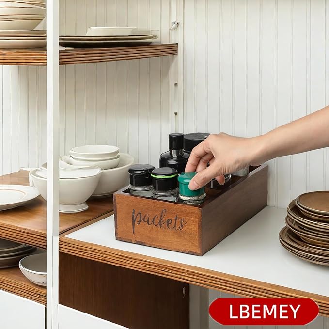 Packet Organizer, Acacia Wood Packet Storage Organizer with 3 Compartments,Farmhouse Kitchen Organization for Spice, Gravy, Taco, and Dressings Packets for Kitchen, Brown Labeled Packets