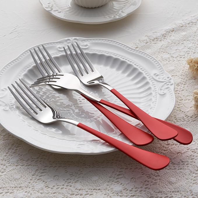 Red Dinner Fork, 18/0 Red handle Stainless Steel Satin Finish 8.1-inch Silverware Flatware Fork Set, Set of 24, Dishwasher Safe