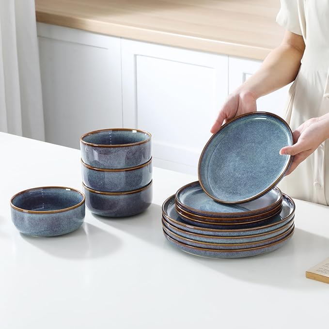 vancasso PLAYA Plates and Bowls Sets, 12 Pieces Grey-Blue Dinnerware Sets for Kitchen, Reactive Glaze Dishes Set for 4, Dishwasher and Microwave Safe