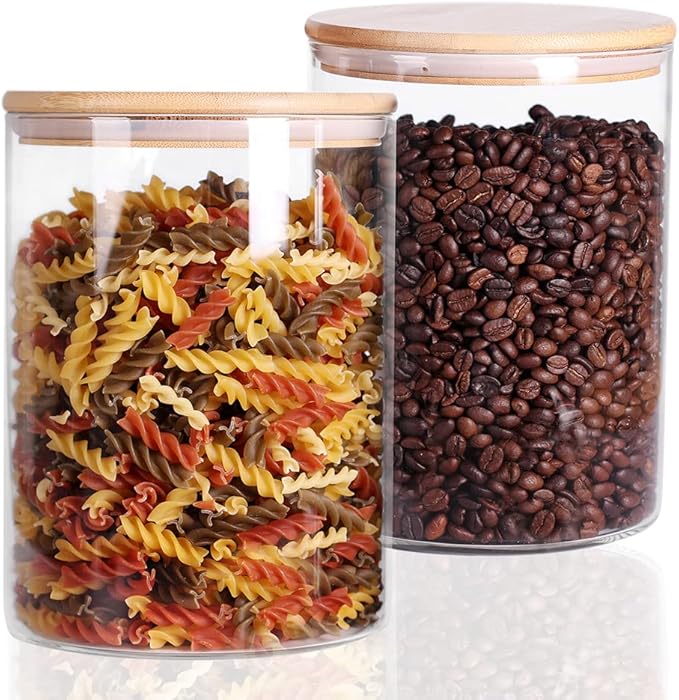 Set of 2 Glass Flour Container with Airtight Bamboo Lid, Large Food Jar with Wooden Lid for Storage Flour, Sugar, Cookies, Rice, Coffee Beans(3L)