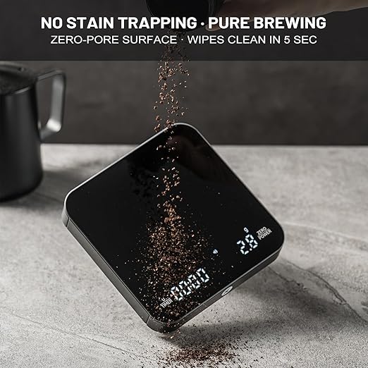 KitchenTour CaféMetric Coffee Scale with Timer 0.1g/2000g - Precision Scale for Espresso & Pour Over - Water Flow Speed Mode and Coffee Powder-to-Liquid Ratio Mode - Rechargeable, LCD Display - Black