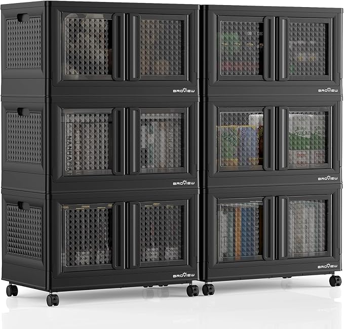 BROVIEW 600Qt Stackable Storage Bins with Lids, 150Gal Closet Organizers and Storage Drawer, Plastic Collapsible Storage Bins with Doors, Heavy Duty Store Box Cabinet for Home Kitchen, 6Pack Black
