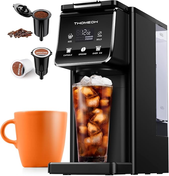 Coffee Maker Hot & Iced With Bold Setting,Single Serve Coffee Maker For K Cup And Grounds，52 Oz Removable Water Tank,6-14 Oz Brew Sizes,One Cup Kcup Coffee Machine With Reusable Filter,(Black)