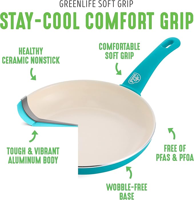 GreenLife Soft Grip 1QT and 2QT Saucepan Set, Healthy Ceramic Nonstick, Non Toxic PFAS & PFOA-Free, Dishwasher Safe, Glass Lids, Stay-Cool Handles, Easy Clean Cookware, Kitchen Essentials, Bright Blue