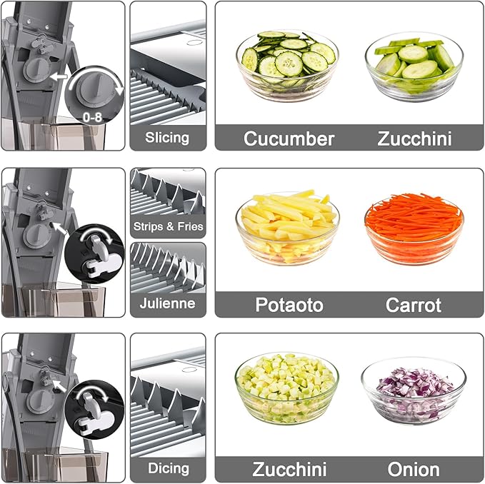 All-in-1 Upgraded Safe Mandoline Slicer for Kitchen, with Handheld Spiralizer, Food Chopper with Container, Thickness Adjustable Vegetable Chopper, Potato French Fry Cutter (High-grade Gray)