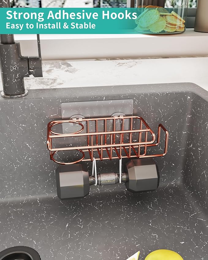 HapiRm Sponge Holder for Kitchen Sink, No Drill Kitchen Sink Caddy Organizer, Rustproof and Waterproof Dish Sponge Holder - Rose Gold