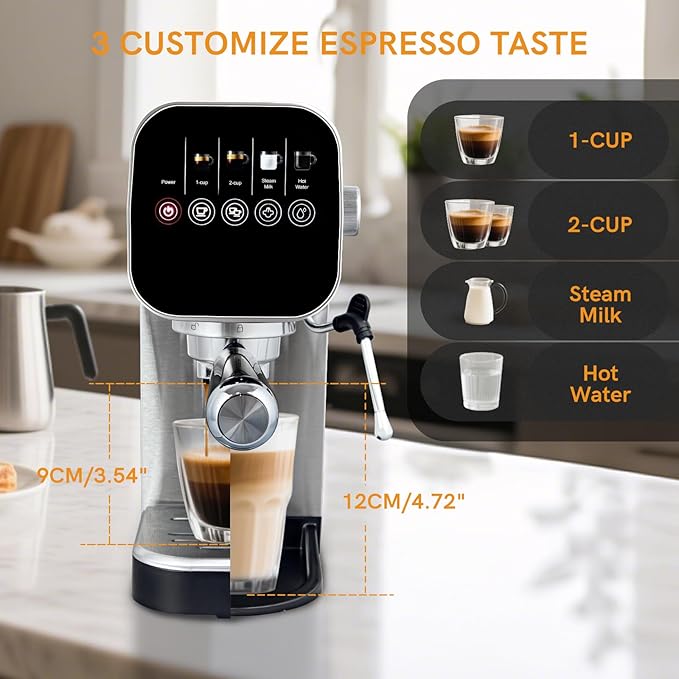 Espresso Machine with Steam Milk Frother Compact Cappuccino Machine with Programmable to Customized Americano Touch Screen Coffee Maker for Latte, Hot Water Stainless Steel