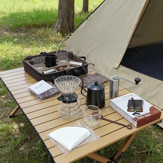 Professional Pour-Over Coffee Kit, 9-Piece Portable Travel Set w/Gooseneck Kettle, Manual Grinder，scale& Accessories, The Ultimate Pour Over Coffee Set