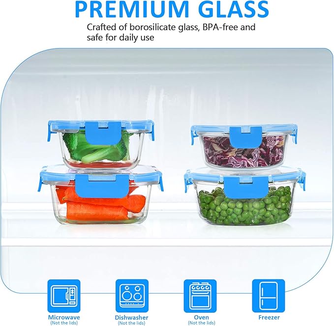 24 Pieces Glass Food Storage Containers Set,Glass Meal Prep Containers-Stackable Airtight Glass Storage Containers with lids,Freezer, Microwave, Oven Safe,Blue