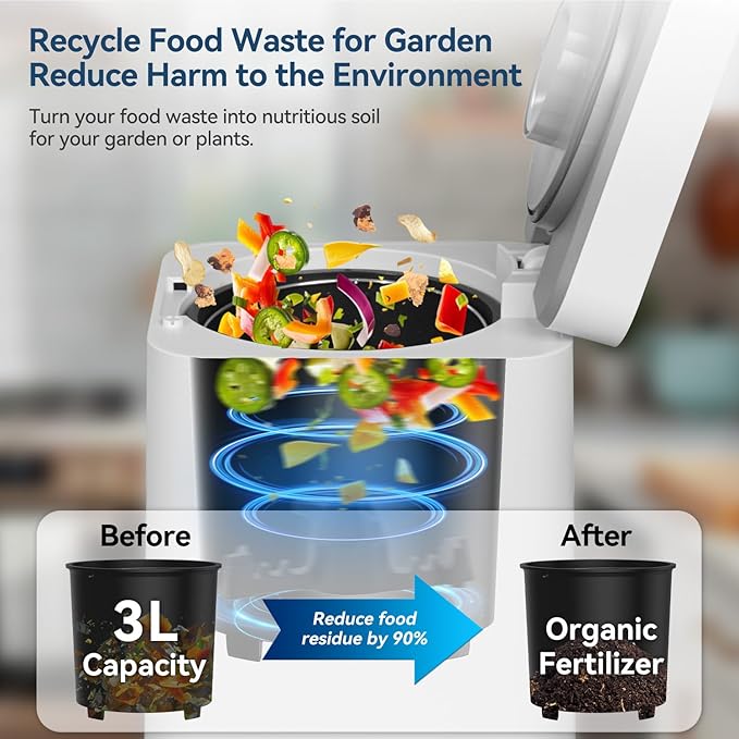 3L Kitchen Smart Electric Countertop Composter with LED Display and Auto-Cleaning, Turns Food Waste into Fertilizer with Replaceable Carbon Filter, Bio-Pack for Fermentation