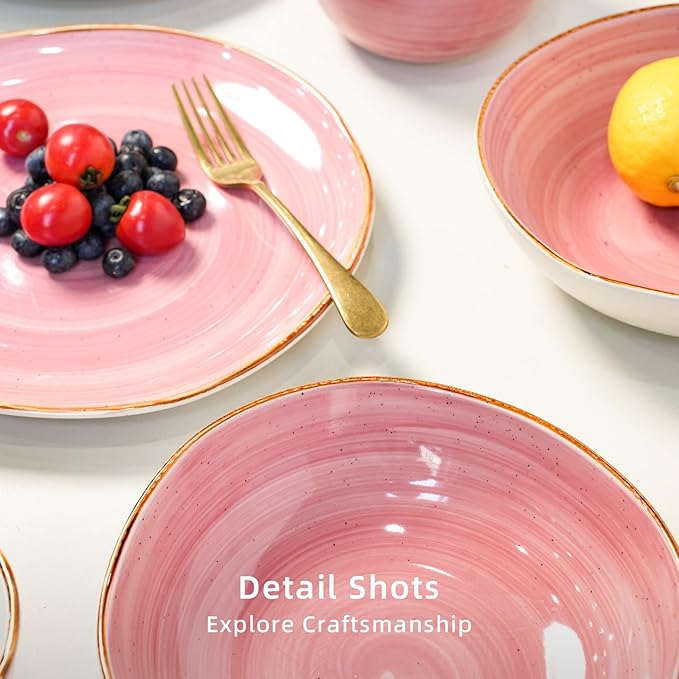 Highland 16-Piece Dinnerware Set Service for 4, Organic Shape Stoneware Plates and Bowls Set, Scratch Resistant, Microwave and Dishwasher Safe, Speckled Effect Handcrafted, Swirl Pink