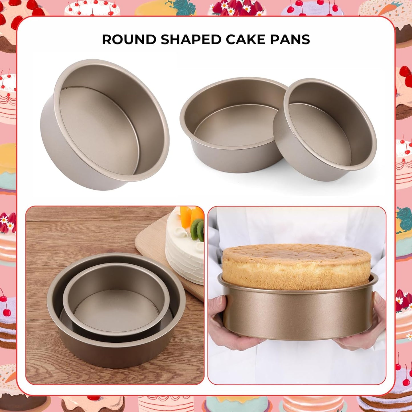 beyonday 2pcs Round Cake Pan with Removable Bottom, 6 inch & 8 inch Carbon Steel Cake Trays for Chiffon Mousse Bread, Non-stick Cheesecake Baking Mold for Birthday Party Wedding Anniversary