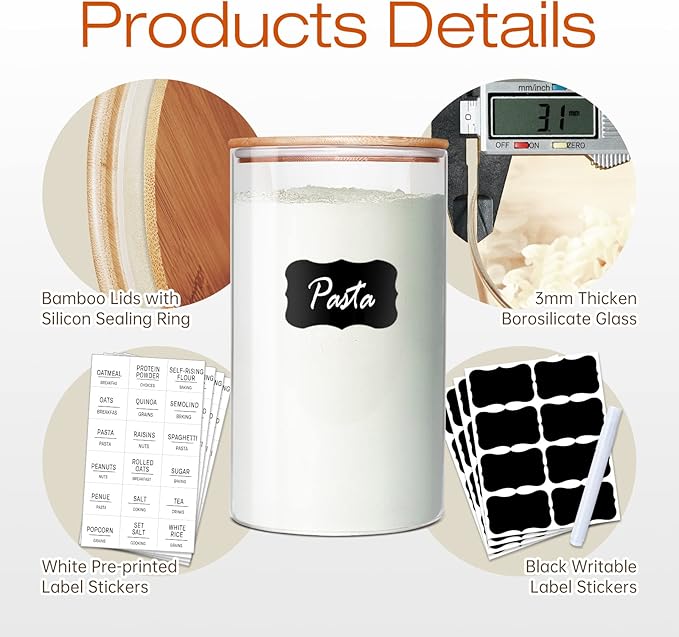 Glass Jars with Bamboo Lids 28 floz [Set of 8], Glass Canisters with Airtight Lids, Glass Food Storage Containers for Pasta, Oats, Coffee, Flour, Sugar, Rice, Best for Kitchen & Pantry