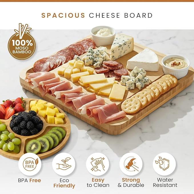 Leaf & Grain Charcuterie Board Set with Accessories Drawer - Real Bamboo Cheese Board & Stainless Steel Knife Set, Large Meat & Cheese Platter for Parties & Gifts - Natural