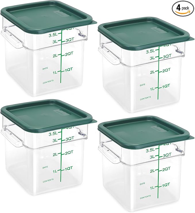 4 Pack Food Storage Containers with Green Lids, 4.0 Qt - Square, Clear, Polycarbonate