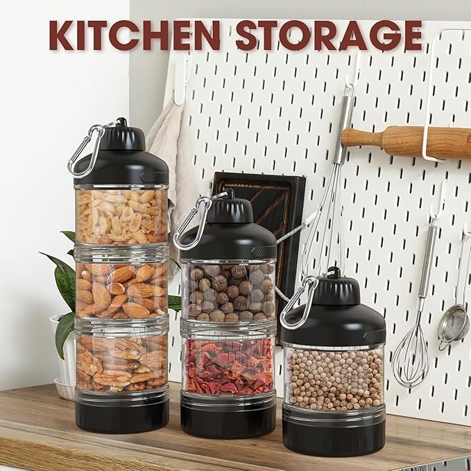 BYLWORKOUT 3 Layers Protein Travel Container with Funnel and Keychain | Cute Protein and Kitchen Storage Containers | Clear Plastic Kitchen Grade Box Organisers for Workout and Travel (Black)