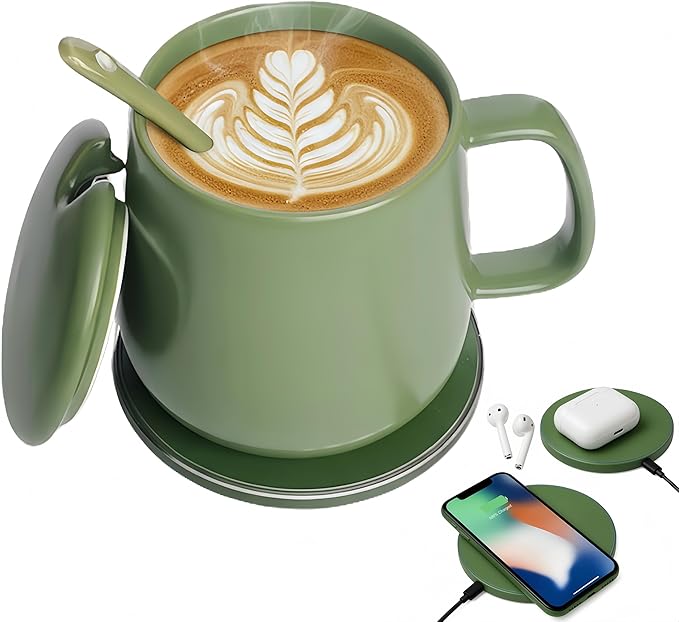 Smart Temperature Control Mug, 13 Oz Premium Ceramic Coffee Cup with 15W Wireless Charger, Charges Phones, Olive Green