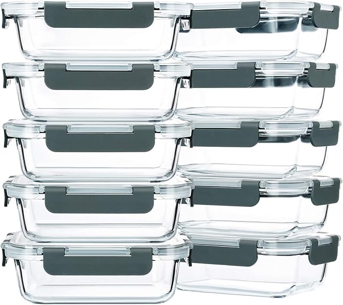 M MCIRCO 10-Pack,22 Oz Glass Meal Prep Containers,Glass Food Storage Containers with lids,Lunch Containers,Microwave, Oven, Freezer and Dishwasher (Gray)