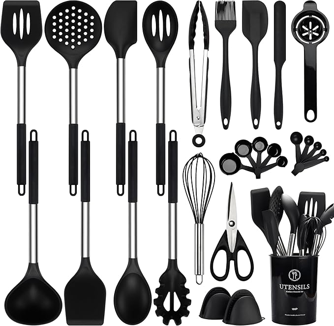 Silicone Cooking Utensils Set, 28 Pcs Kitchen Utensils Set for cooking, 446°F Heat Resistant Spatula Set, Food Grade Silicone and Stainless Steel Handle Kitchen Gadgets for Nonstick Cookware BPA Free