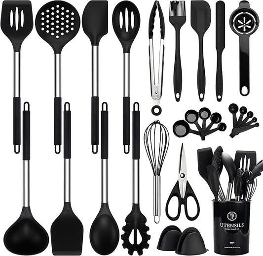 Silicone Cooking Utensils Set, 28 Pcs Kitchen Utensils Set for cooking, 446°F Heat Resistant Spatula Set, Food Grade Silicone and Stainless Steel Handle Kitchen Gadgets for Nonstick Cookware BPA Free