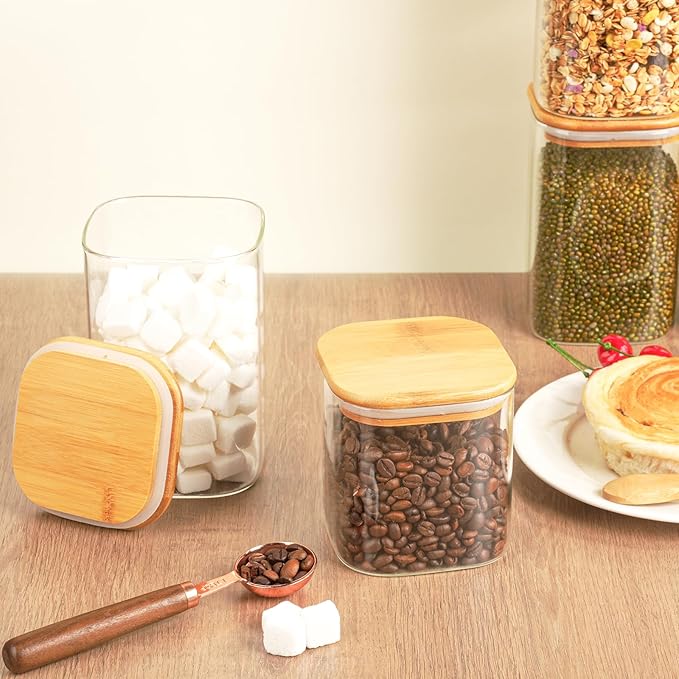 37 oz Glass Food Storage Jars - Set of 6 Glass Canister Sets Square Pantry Storage Containers with Lids for Serving Tea, Coffee, Flour, Sugar, Candy, Cookie, Spice and More
